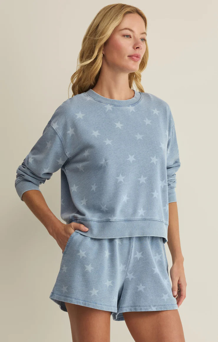 Z Supply Written Stars Denim Terry Sweatshirt - Ocean Air Indigo