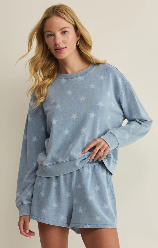 Z Supply Written Stars Denim Terry Sweatshirt - Ocean Air Indigo