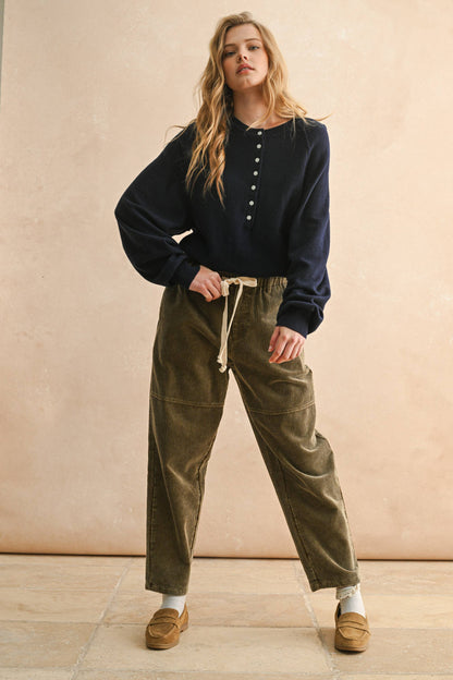 MIOU MUSE - HALF BUTTON FRONT LONG SLEEVE SWEATER TOP