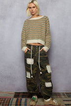 Pol Clothing - Round neck stripe pattern rib band mohair sweater top