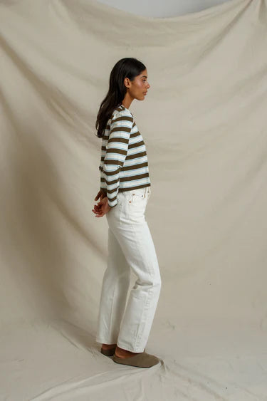 perfectwhitetee - veya cotton rugby stripe long sleeve tee - olive stripe