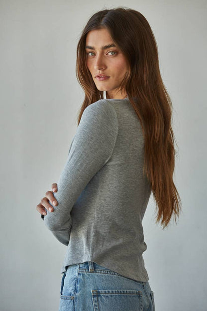 By Together - Knit Ribbed Crew Neck Long Sleeve Half Button Up Top