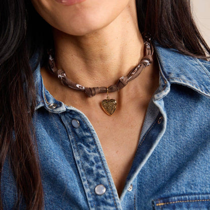 Nickel and Suede - Brown Bandana Necklace - Gold Sunburst