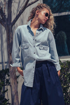 Urban Daizy - Oversized Railroad Pinstripe Button-Up Shirt