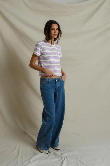 perfectwhitetee - gia cotton short sleeve rugby crew tee - ultraviolet stripe