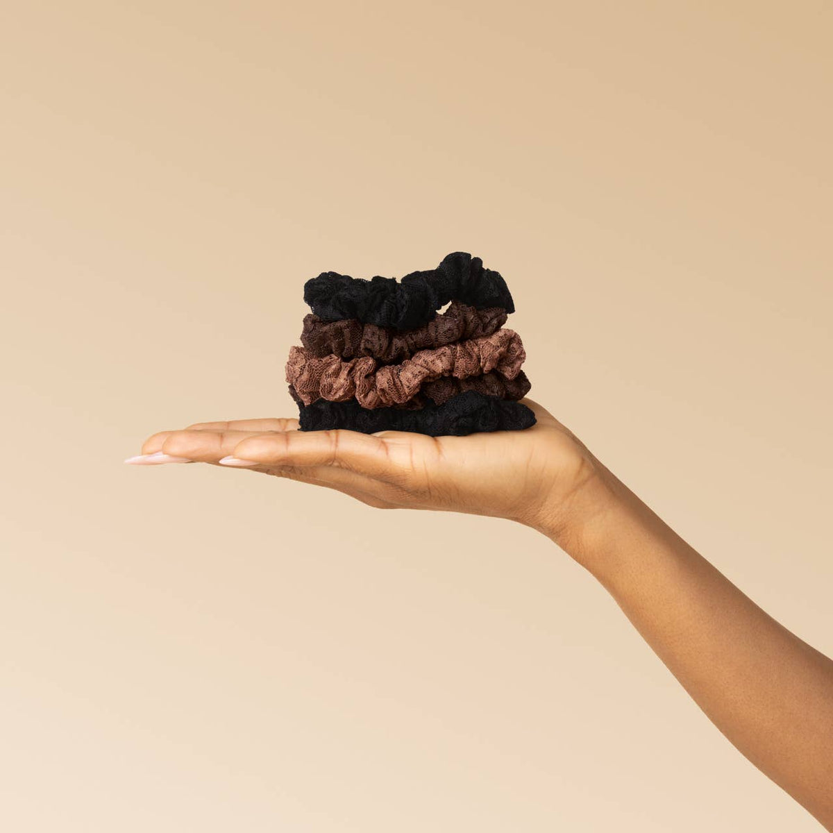 KITSCH - Ruched Lace Scrunchies 5pc Set - Black, Chocolate & Mocha