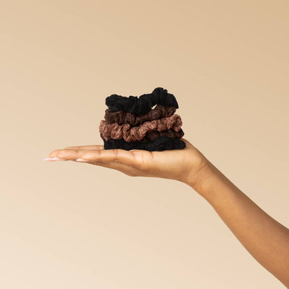 KITSCH - Ruched Lace Scrunchies 5pc Set - Black, Chocolate & Mocha