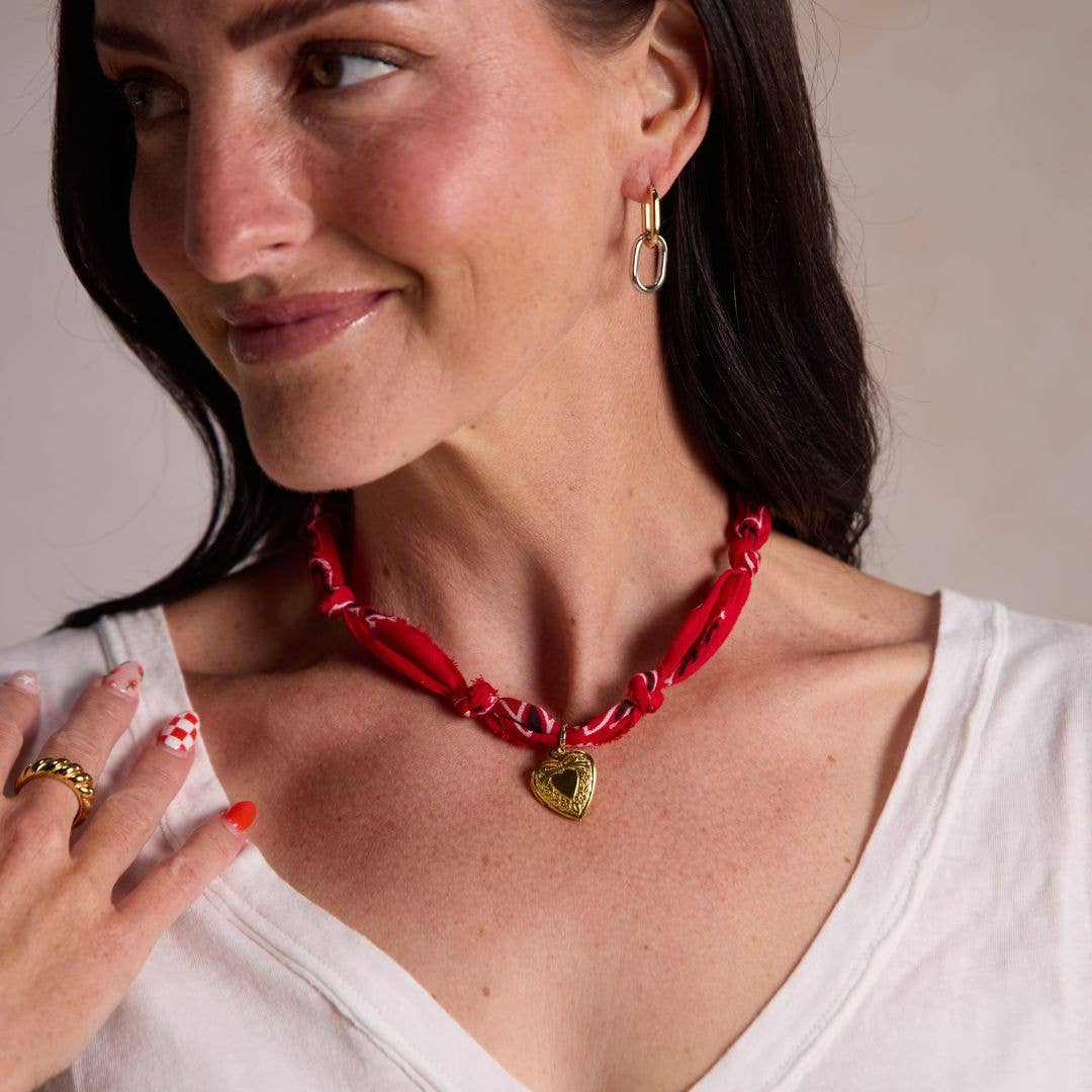 Nickel and Suede - Red Bandana Necklace - Gold Sunburst