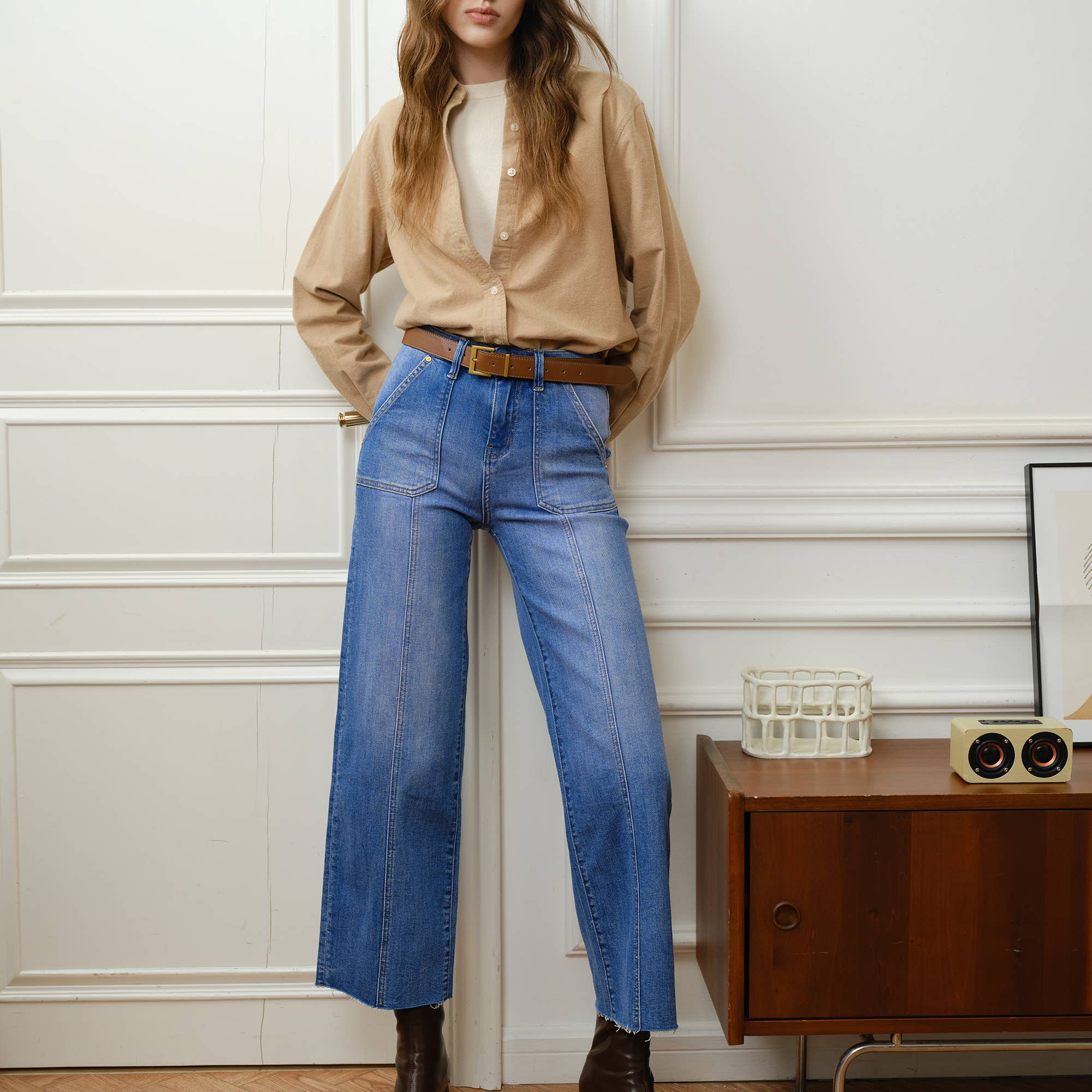 BAYEAS - HIGH RISE RELAXED STRAIGHT JEANS WITH RAW HEM