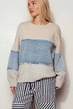 Urban Daizy - Colorblock Distressed Denim Patchwork Knit Sweater