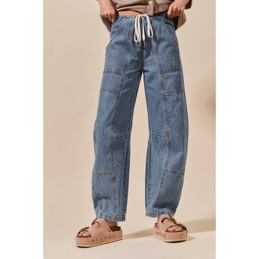 Callie Mid Rise Drawstring Barrel Denim Pants