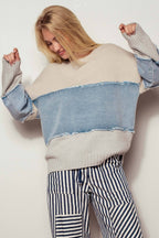 Urban Daizy - Colorblock Distressed Denim Patchwork Knit Sweater