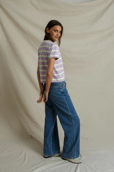 perfectwhitetee - gia cotton short sleeve rugby crew tee - ultraviolet stripe