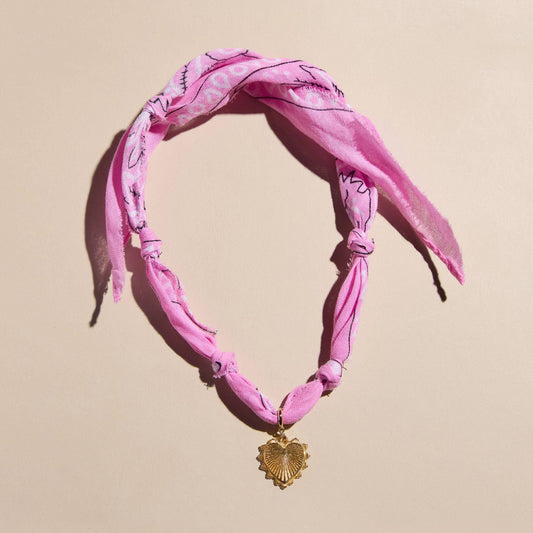 Nickel and Suede - Pink Bandana Necklace - Silver Sunburst