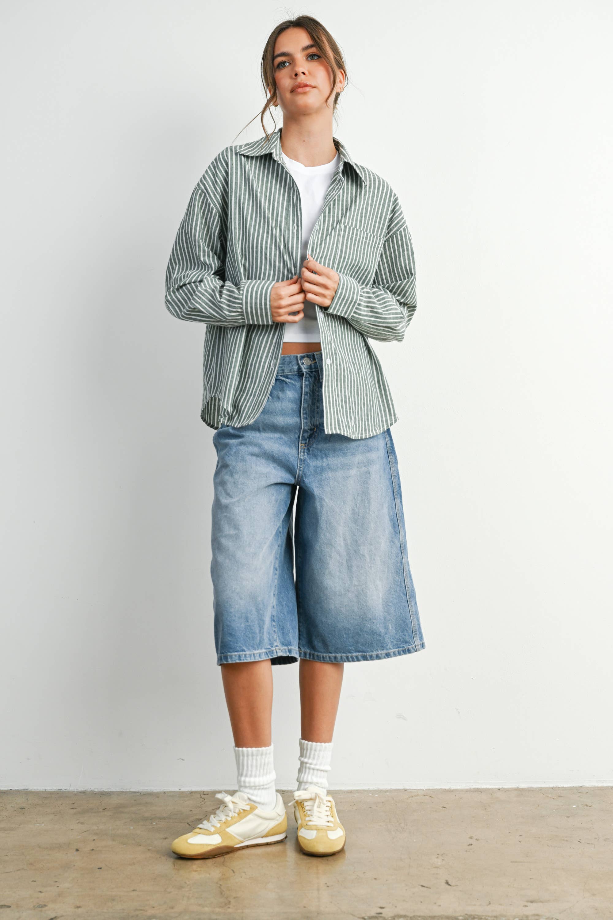 BUTTERMELON - Cropped Striped Button-Up Collared Long Sleeve Top - Multiple Colors