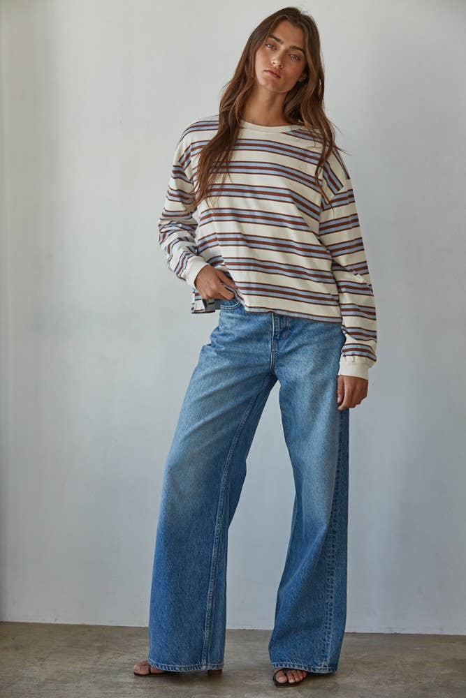 By Together - L8681 | Knit Cotton Multicolor Stripe Crew Neck Long Sleeve