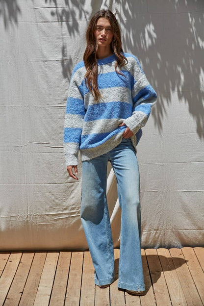 By Together - Knit Sweater Striped Crew Neck Textured Pullover