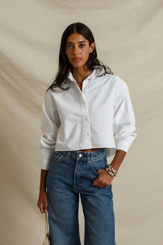 perfectwhitetee - naomi oxford cotton long sleeve cropped button up - white