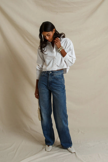 perfectwhitetee - naomi oxford cotton long sleeve cropped button up - white