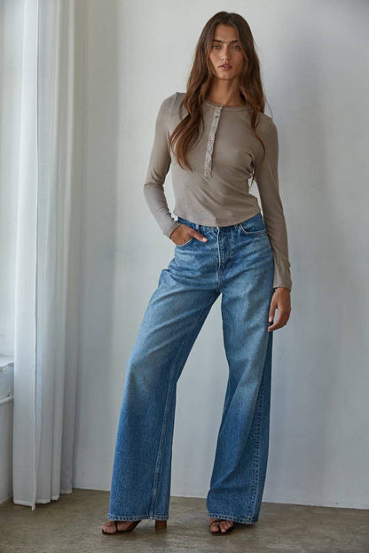 By Together - Knit Ribbed Crew Neck Long Sleeve Half Button Up Top