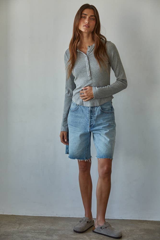 By Together - Knit Ribbed Crew Neck Long Sleeve Half Button Up Top