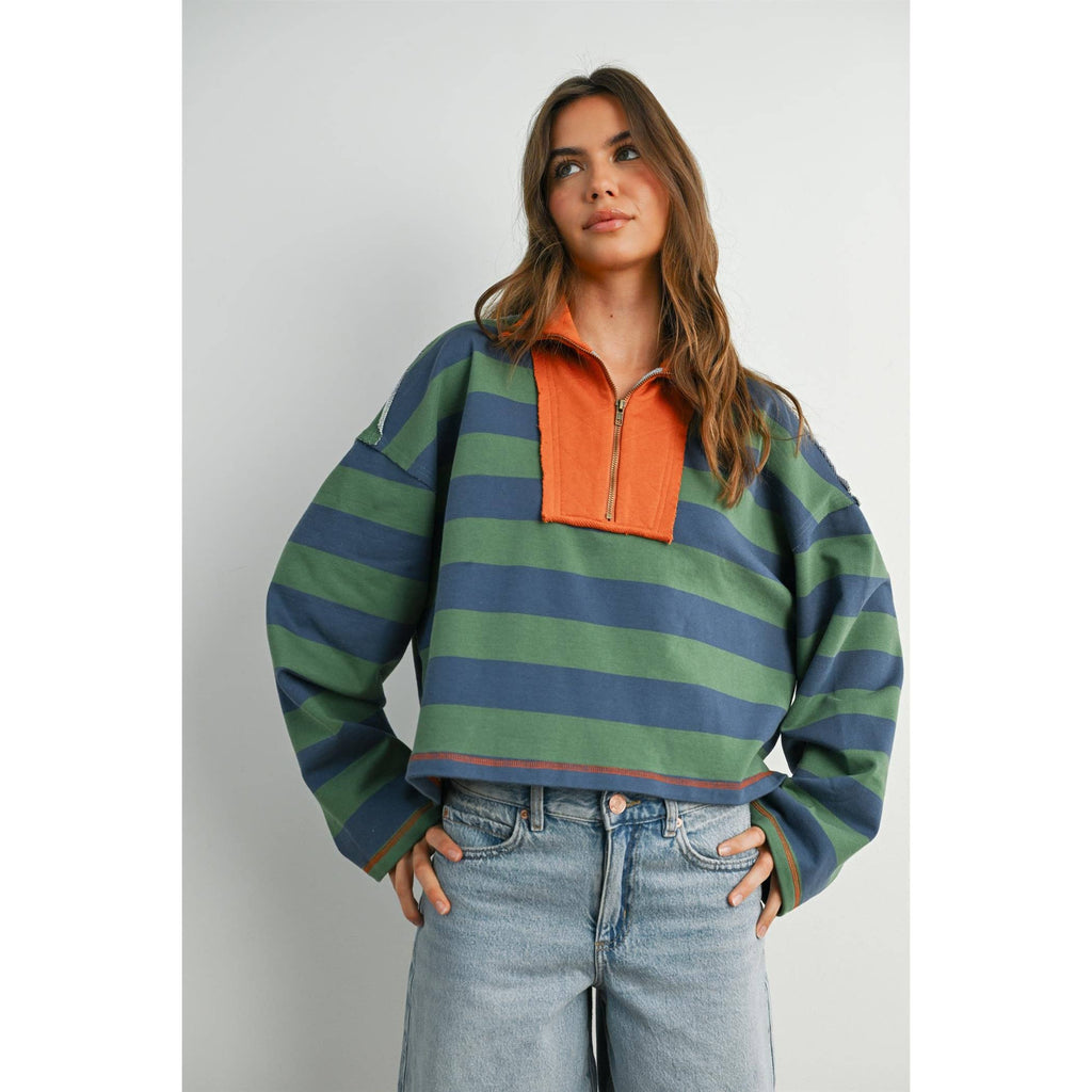 BUTTERMELON - Striped Quarter-Zip Contrast Sweatshirt