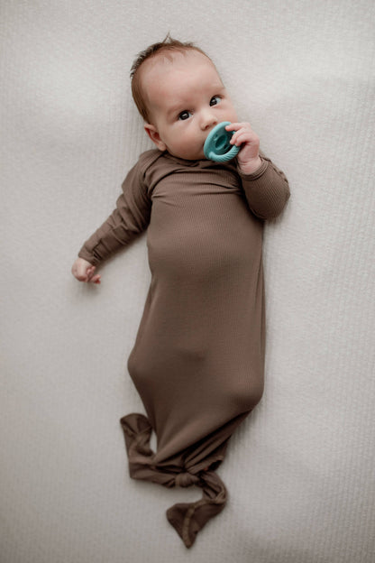 Three Little Tots - Cocoa Brown Ribbed Knotted Newborn Baby Gown sleepwear