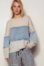 Urban Daizy - Colorblock Distressed Denim Patchwork Knit Sweater
