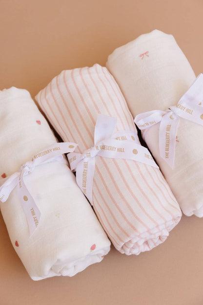 The Blueberry Hill - Muslin Swaddle Pink Stripe Baby Girl Organic Blanket Gift