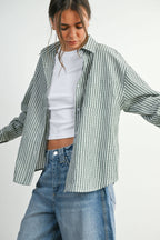 BUTTERMELON - Cropped Striped Button-Up Collared Long Sleeve Top - Multiple Colors