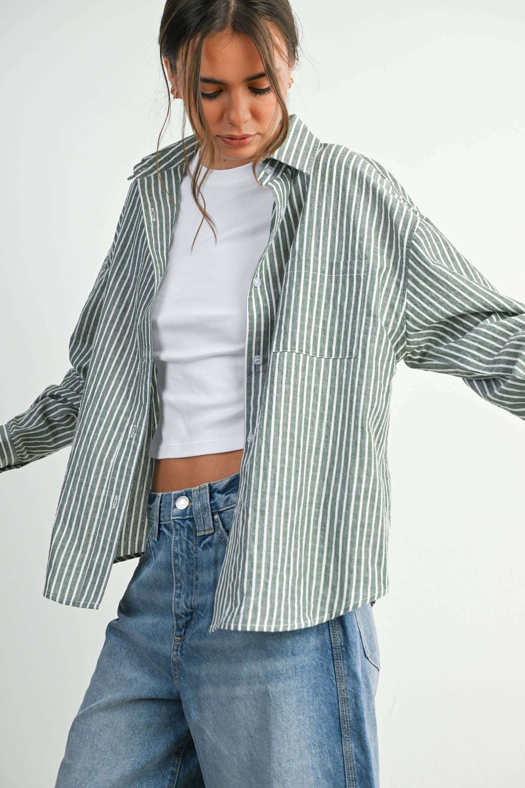 BUTTERMELON - Cropped Striped Button-Up Collared Long Sleeve Top - Multiple Colors