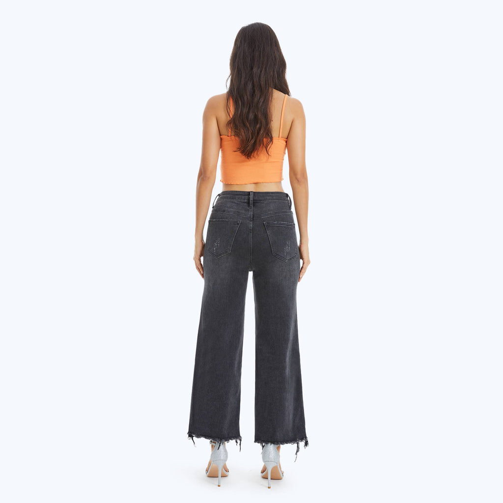 BAYEAS - HIGH RISE WIDE LEG JEANS WITH FRAYED HEM