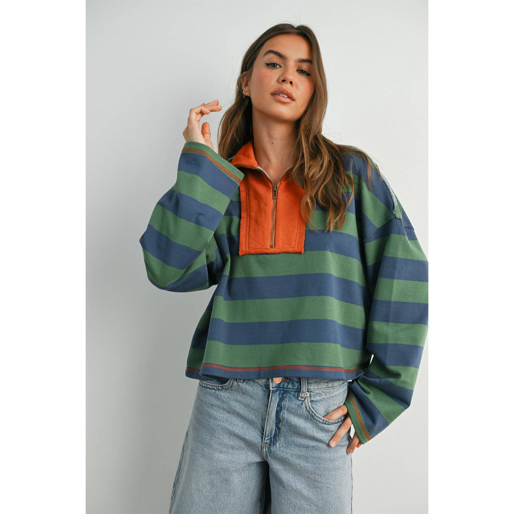 BUTTERMELON - Striped Quarter-Zip Contrast Sweatshirt