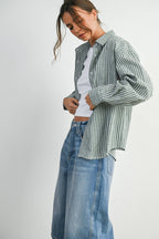 BUTTERMELON - Cropped Striped Button-Up Collared Long Sleeve Top - Multiple Colors