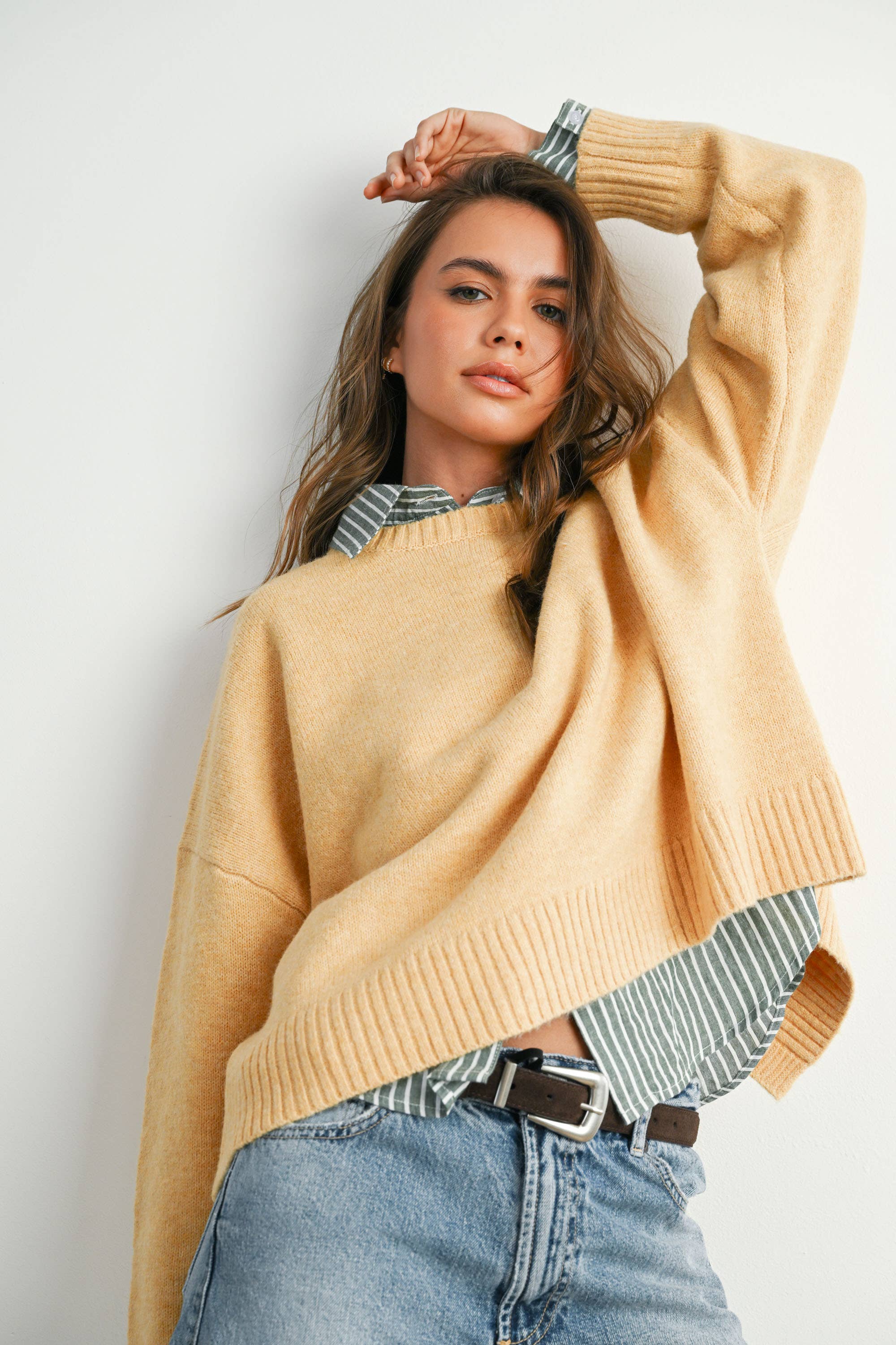 BUTTERMELON - Cropped Striped Button-Up Collared Long Sleeve Top - Multiple Colors