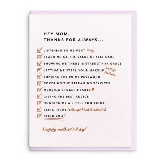 Dahlia Press - Mom List - Letterpress Mother's Day Greeting Card