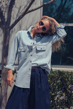 Urban Daizy - Oversized Railroad Pinstripe Button-Up Shirt