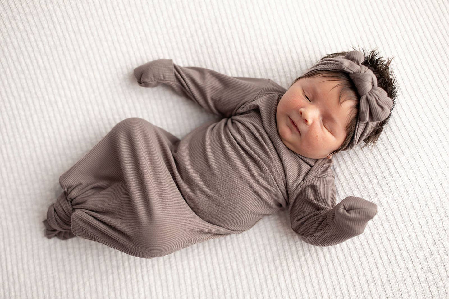 Three Little Tots - Cocoa Brown Ribbed Knotted Newborn Baby Gown sleepwear