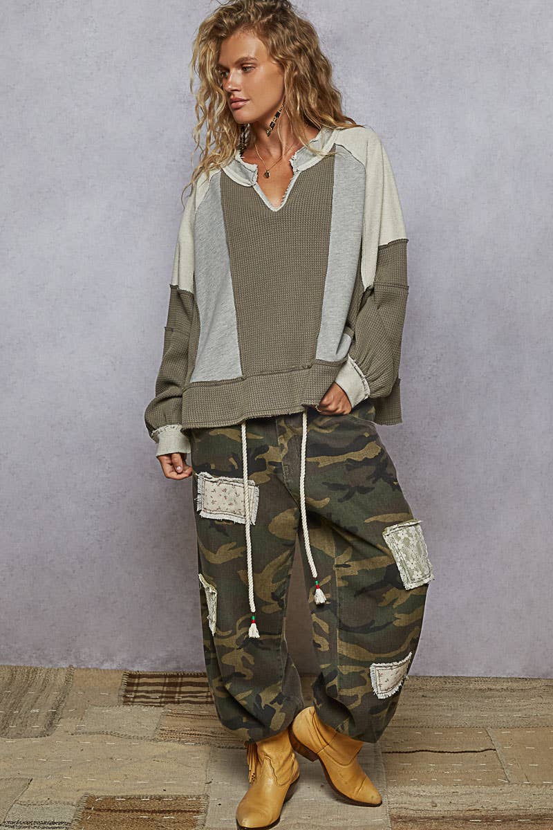 Pol Clothing - Contrast Fabric Top - Olive / Grey