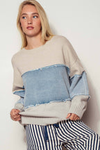 Urban Daizy - Colorblock Distressed Denim Patchwork Knit Sweater