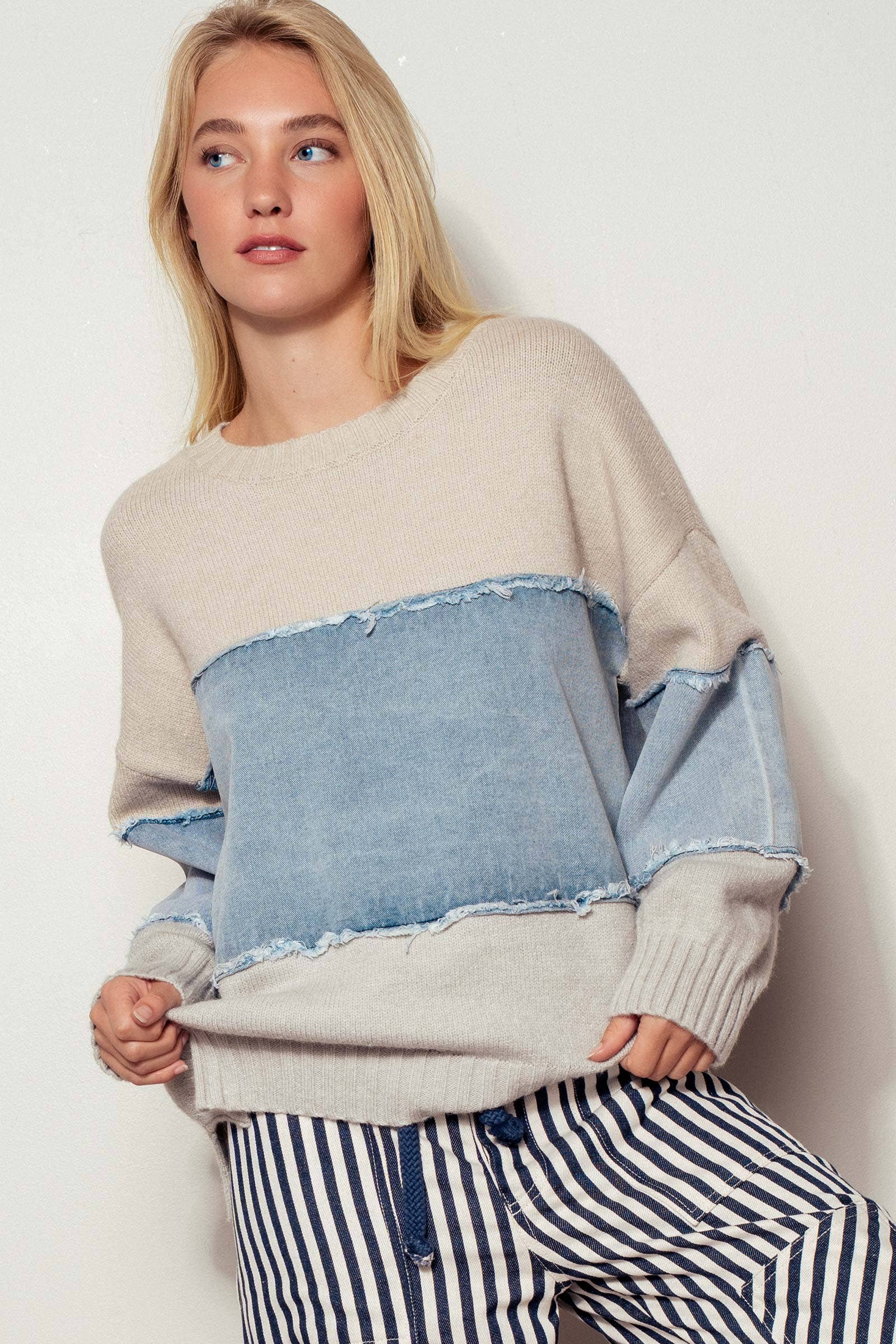 Urban Daizy - Colorblock Distressed Denim Patchwork Knit Sweater