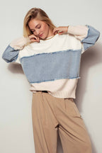 Urban Daizy - Colorblock Distressed Denim Patchwork Knit Sweater