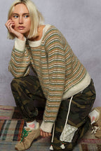 Pol Clothing - Round neck stripe pattern rib band mohair sweater top