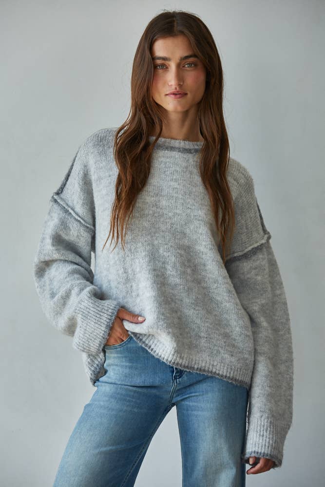 By Together - Knit Sweater Crew Neck Pullover Top With Rolled Edge