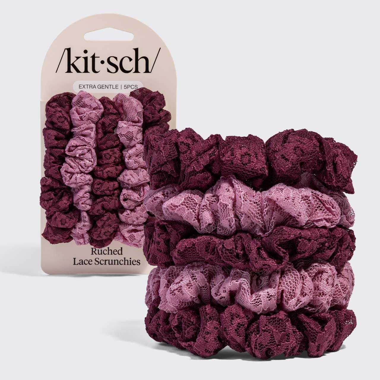 KITSCH - Ruched Lace Scrunchies 5pc Set - Cherry Lacquer & Dusty Pink
