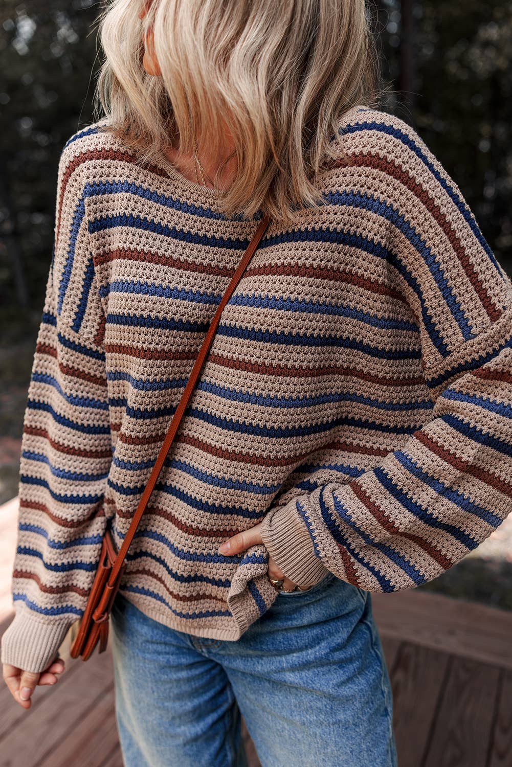 Striped Knitted Drop Shoulder Round Neck Sweater