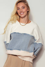 Urban Daizy - Colorblock Distressed Denim Patchwork Knit Sweater
