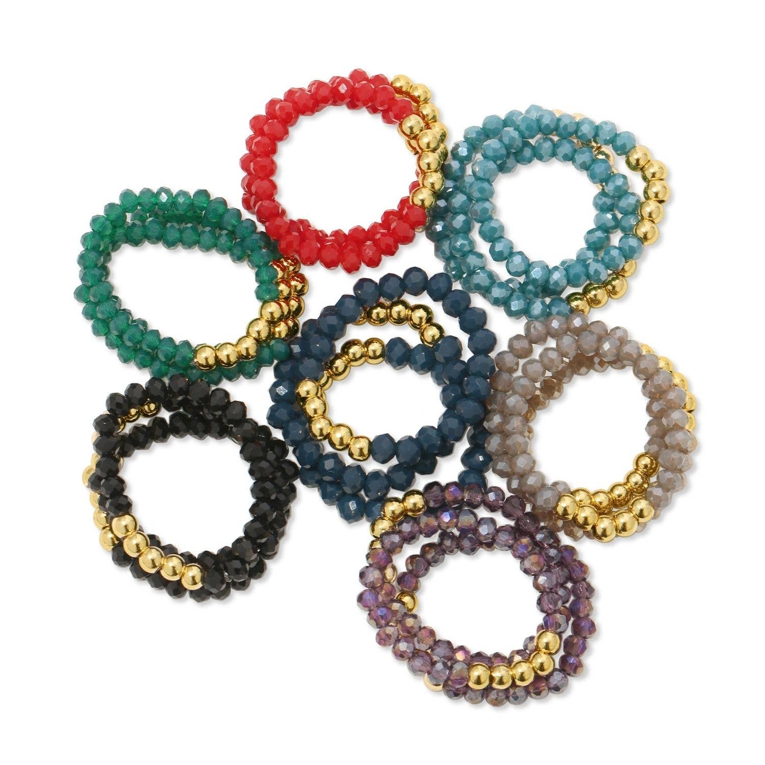 Splendid Iris - Stretch Crystal Rings With Bead Accents