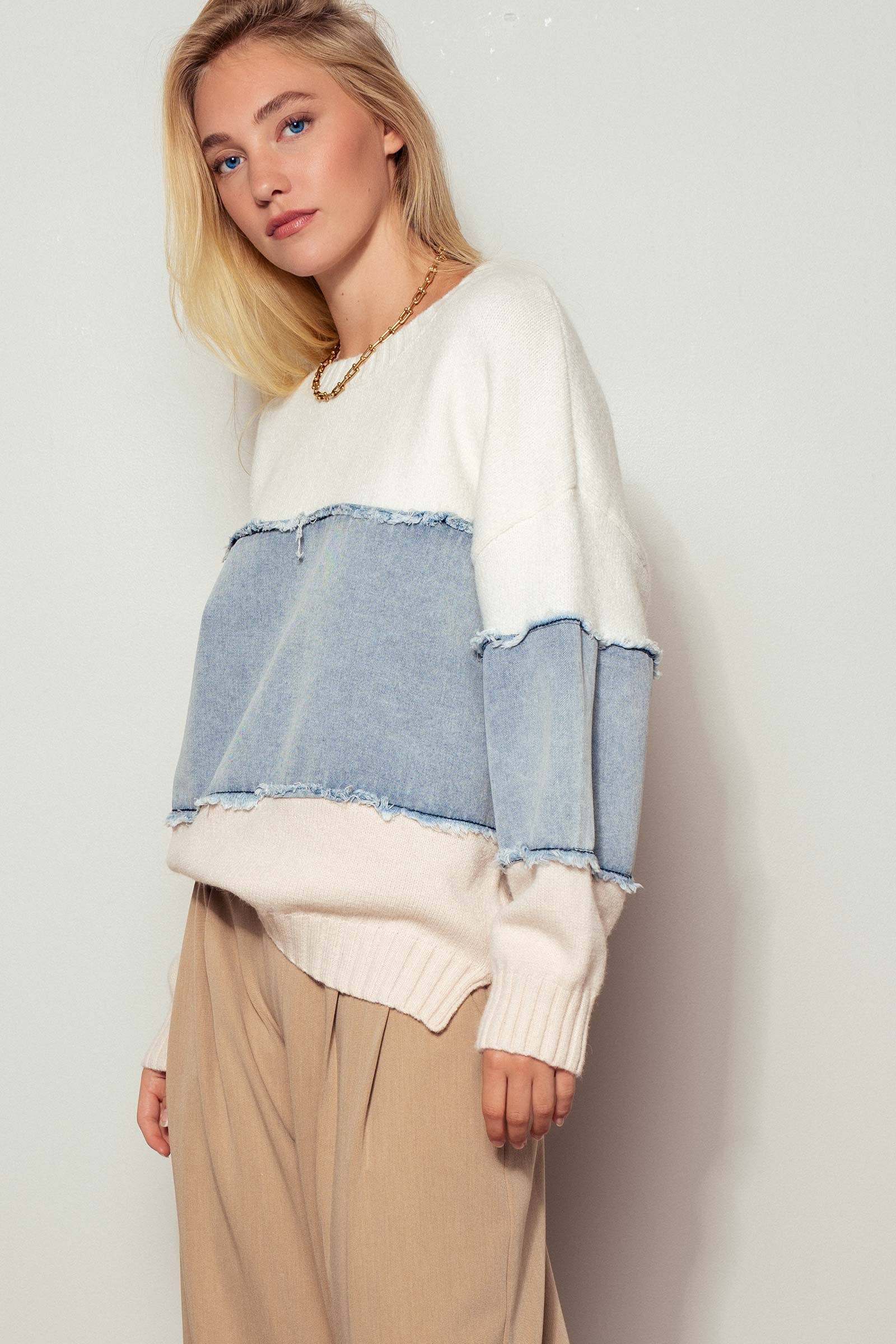 Urban Daizy - Colorblock Distressed Denim Patchwork Knit Sweater