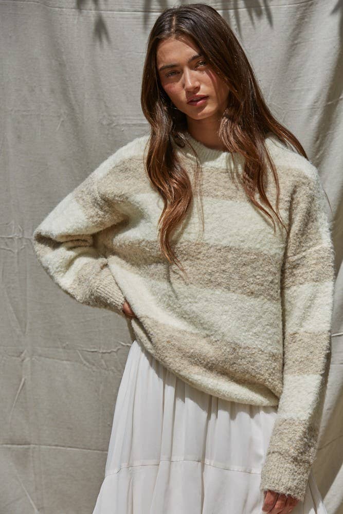 By Together - Knit Sweater Striped Crew Neck Textured Pullover